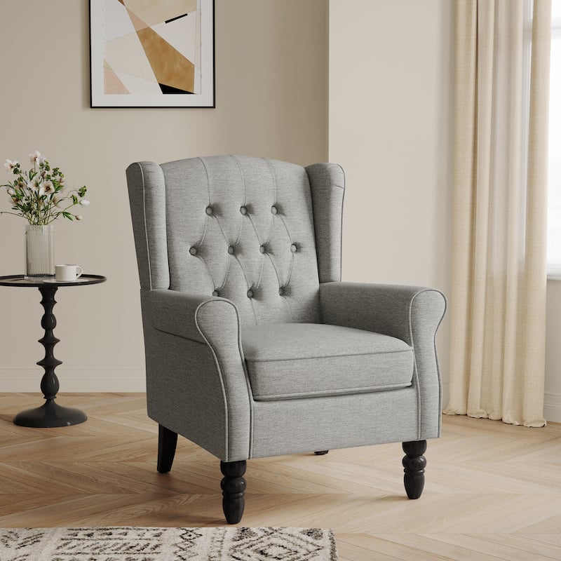 Button-Tufted Accent Club Chair Wingback Armchair Set of 2 - Light Grey-Single - Linen