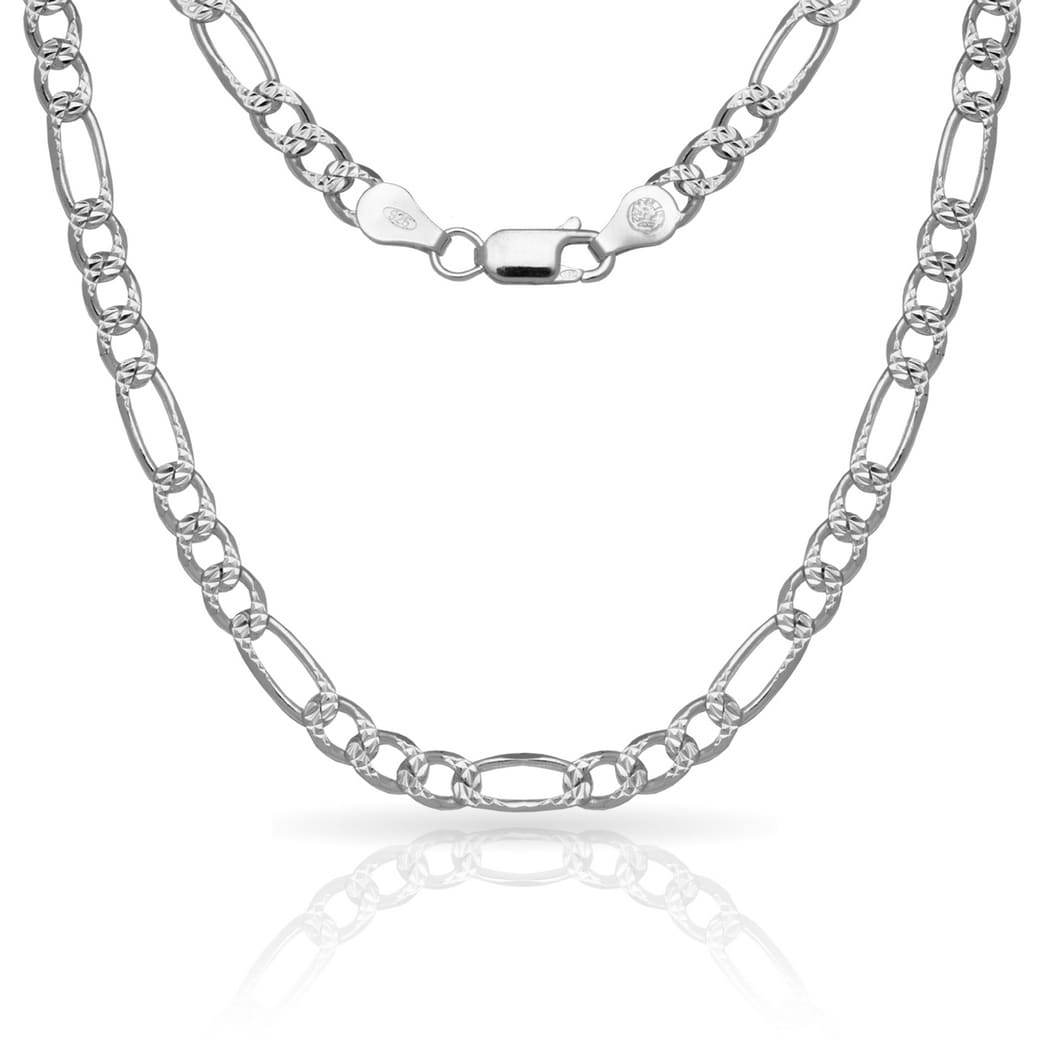 Curata Sterling Silver Men's Italian 6mm Pave Figaro Chain Necklace (18'-30")