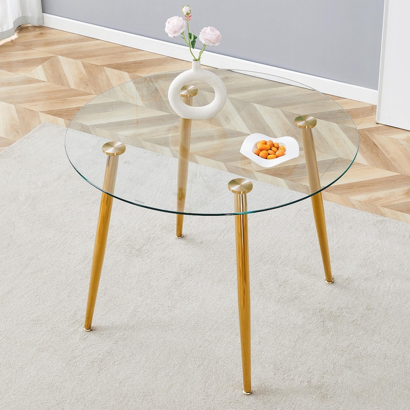 Roomfitters Round Glass Dining Table with Gilded Metal Legs for Elegant Dining Living Room or Small Spaces, Transparent - Transparent