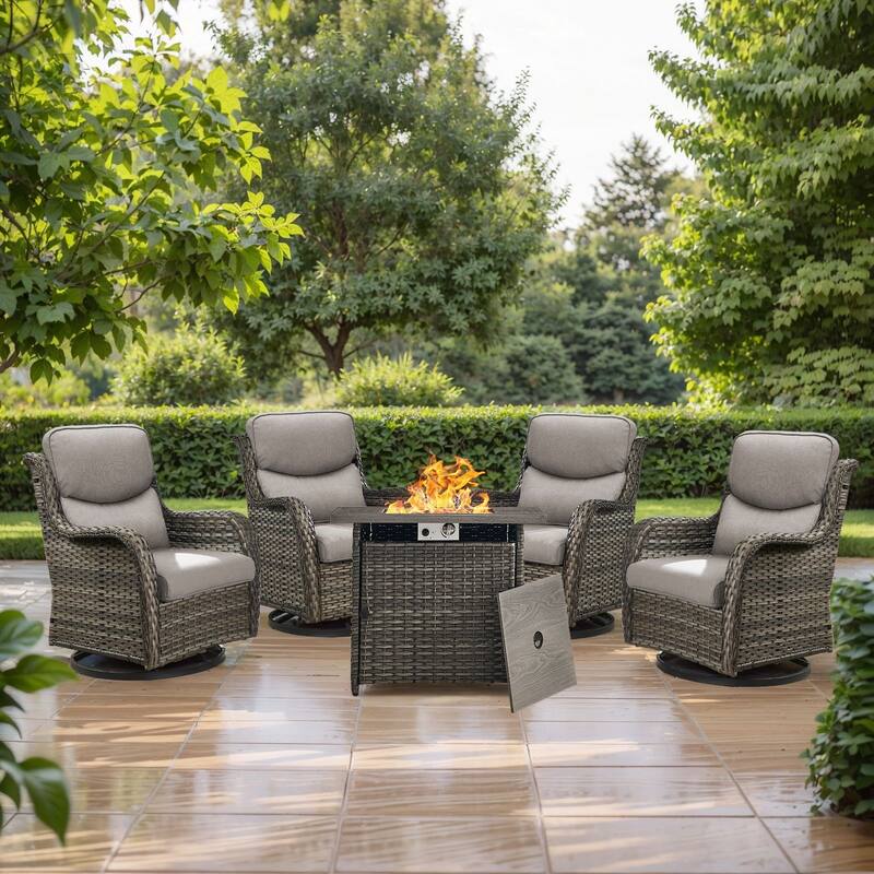 5 Pieces Outdoor Gliders Chairs Fire Pit Table with 5-Inch Thick Cushions - Grey Rattan - Grey Cushion - 5PCS Swivel Chairs with Square Fire Table