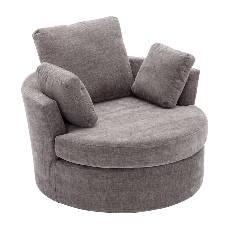 Oversized Chenille Swivel Barrel Chair, Single Round Sofa Chair with 3 Pillows, Upholstered Armchair with Curved Backrest