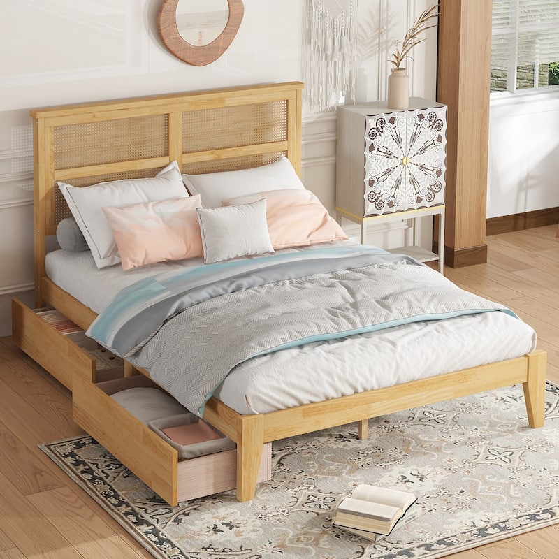 Full Size Bed Mid Century Platform Bed Frame with Rattan Headboard, 2 Storage Drawers, Enhanced Support Salts and Feet - White Oak