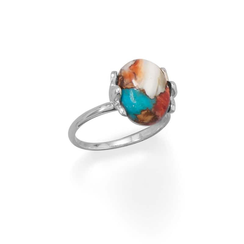 Curata 925 Sterling Silver Spiny Oyster and Turquoise Ring