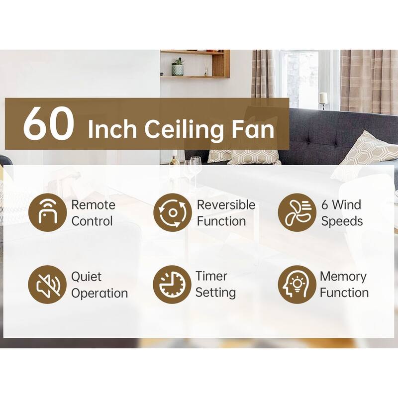 52''/60" Large Ceiling Fan without Lights, Remote Control and Reversible Motor Included, Smart Optinal