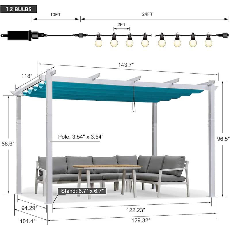 PURPLE LEAF Gazebo White Aluminium Outdoor Retractable Pergola with Canopy Cover