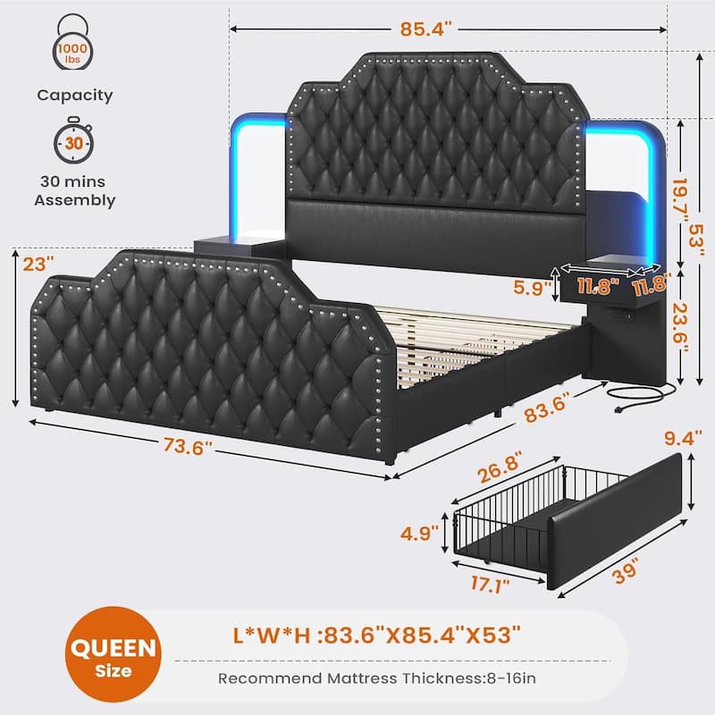 Queen Bed Frame 53" Tall Headboard 4 Drawers 2 Nightstands Mirror