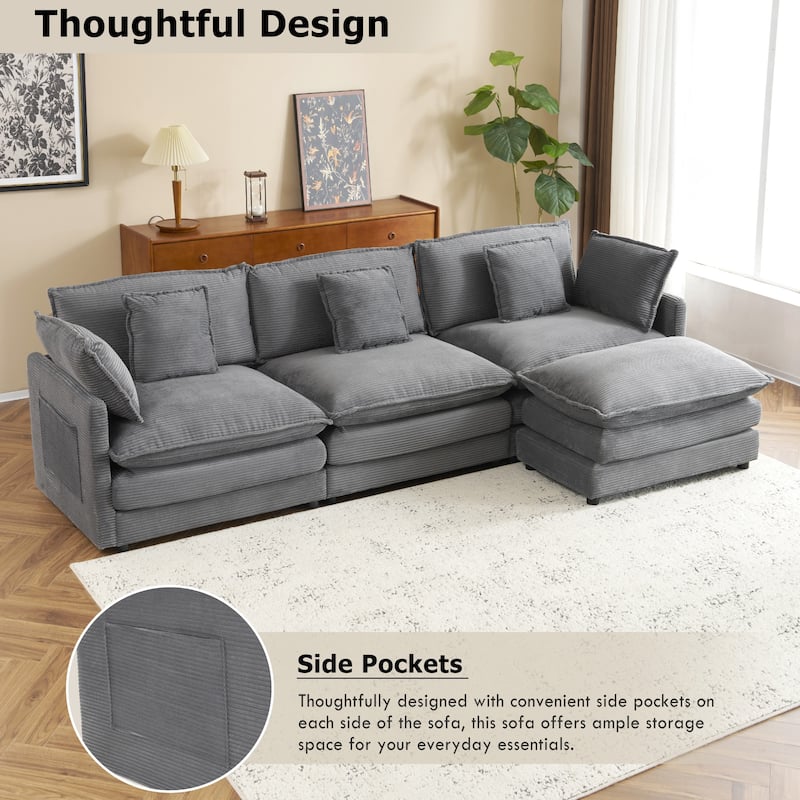 112.6" Corduroy L-Shaped Sectional Sofa with Ottoman and Storage Pockets