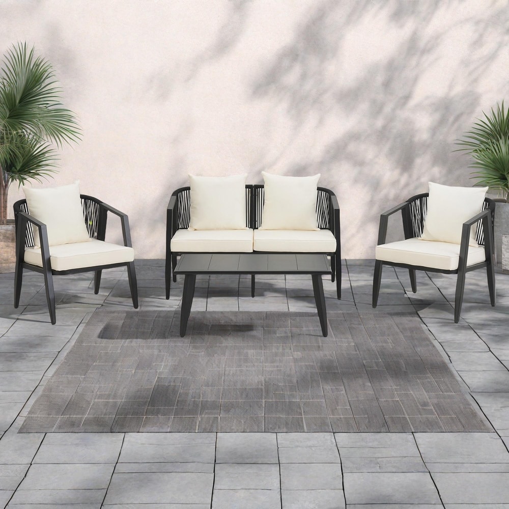 4-Piece Outdoor Iron Cnversation Sofa Set with Coffee Table and Cushions