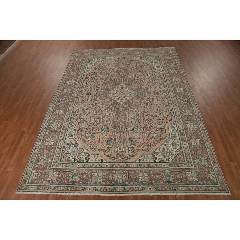 Geometric Peach Tabriz Persian Vintage Rug Hand-Knotted Wool Carpet - 8'1"x 11'3"