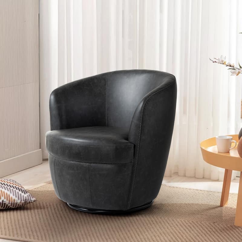 32" Wide PU Leather Swivel Barrel Chair with Metal Base - Black