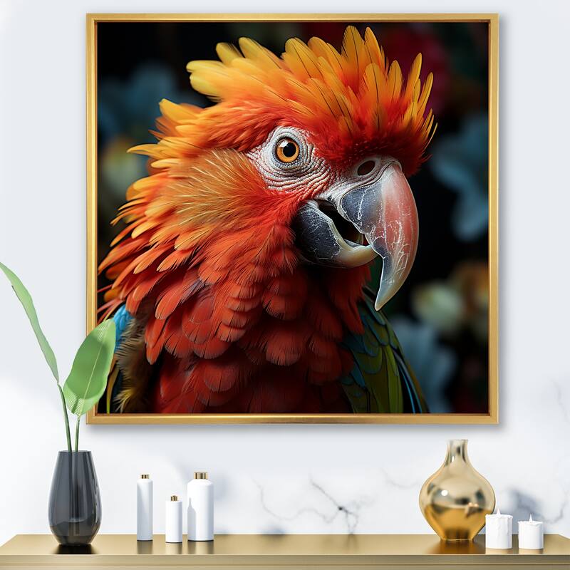 Designart "Orange Parrot Portrait Photo" Parrot Orange Wall Decor - Modern Bedroom Framed Canvas Wall Art - 36 in. wide x 36 in. high - Gold