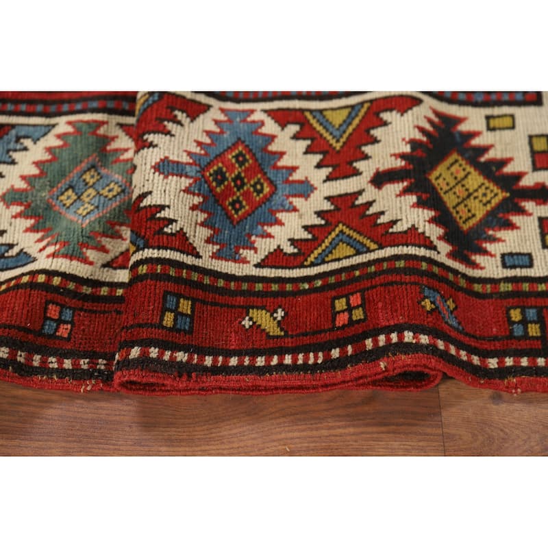 Pre-1900 Antique Kazak Vegetable Dye Runner Rug Handmade Wool Carpet - 3'11" x 8'7"