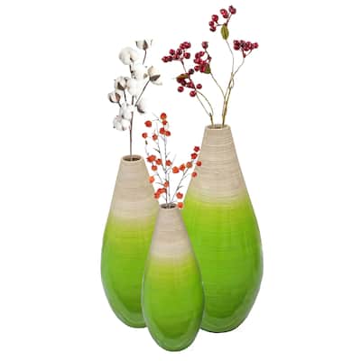 Bamboo Floor Flower Vase Tear Drop Design for Dining, Living Room, Entryway Decor Fill It with Dried Branches or Flowers, Green
