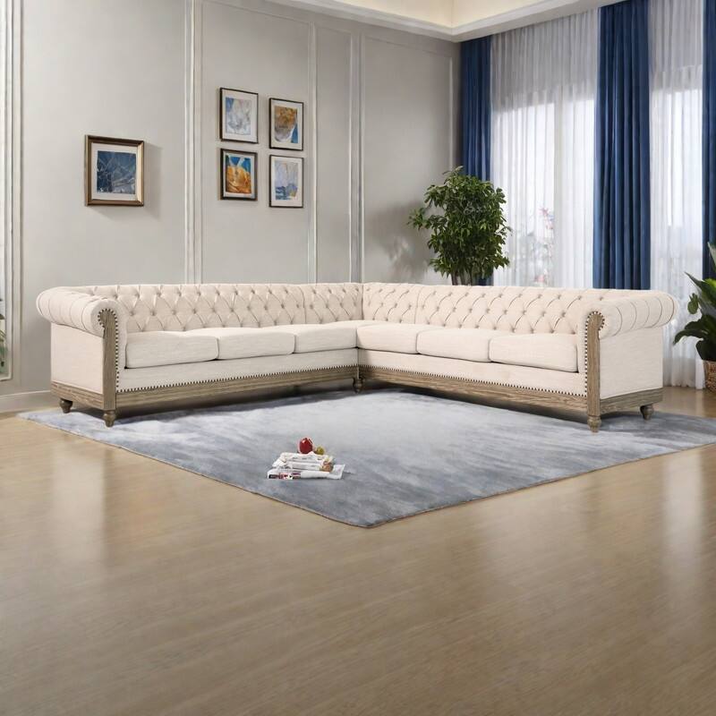 104" Retro 6-Seat Sectional Sofa with Wooden Legs and Pocket Spring Cushions - Beige