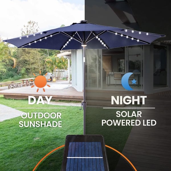 11-ft solar powered market patio umbrella with base FLAME&SHADE a Centre Light, 11 FT Anthracite Stay cool and stylish while enjoying the great outdoors with the 11FT 3 Tiers Market Sunshade Umbrella Solar 32 LED Lighted Umbrella JOYESERY 11 ft. Cantilever LED