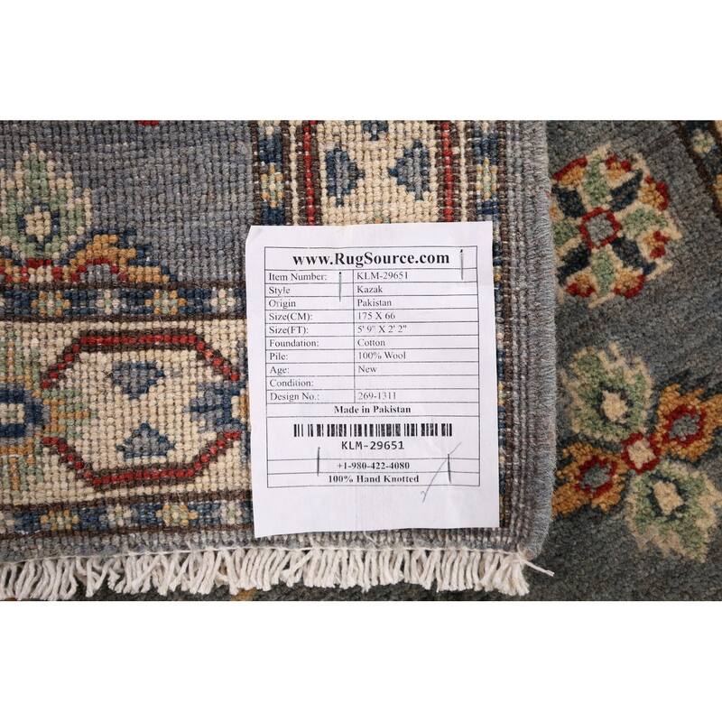 Geometric Kazak Runner Rug Hand-Knotted Floral Wool Carpet - 2'2" x 5'9"
