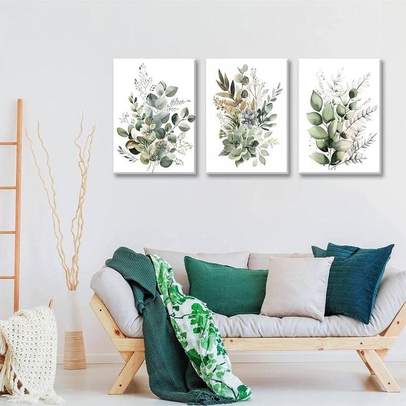 Set of 3 Framed Sage Green Painting Eucalyptus Leaf Picture Modern