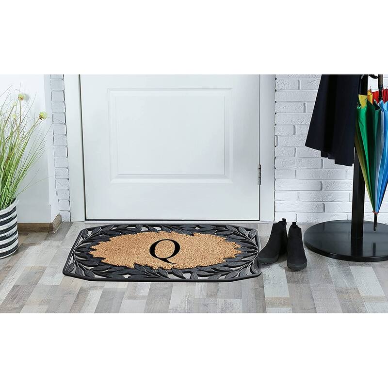A1HC Rubber and Coir Stylish Leaf Border Large Outdoor Durable Monogrammed Doormat, Black - 23" X 38"