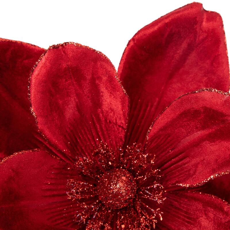 20" Glittered Red Velvet Magnolia Christmas Stem Spray
