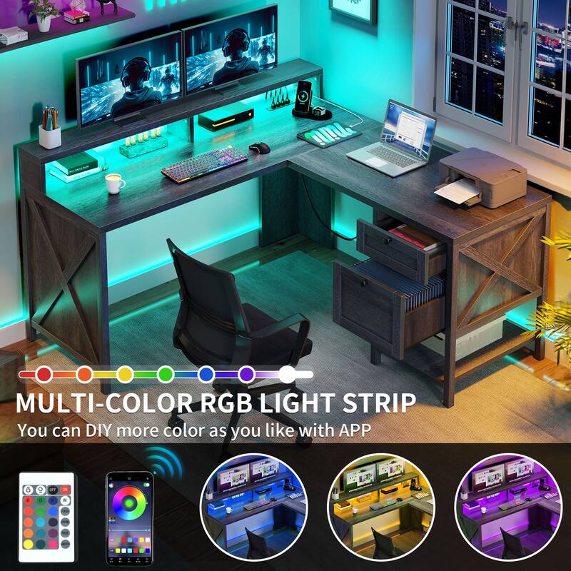 Moasis X-Design Farmhouse 60-inch Corner L-Shaped Computer Gaming Desk with Power Outlets LED Lights