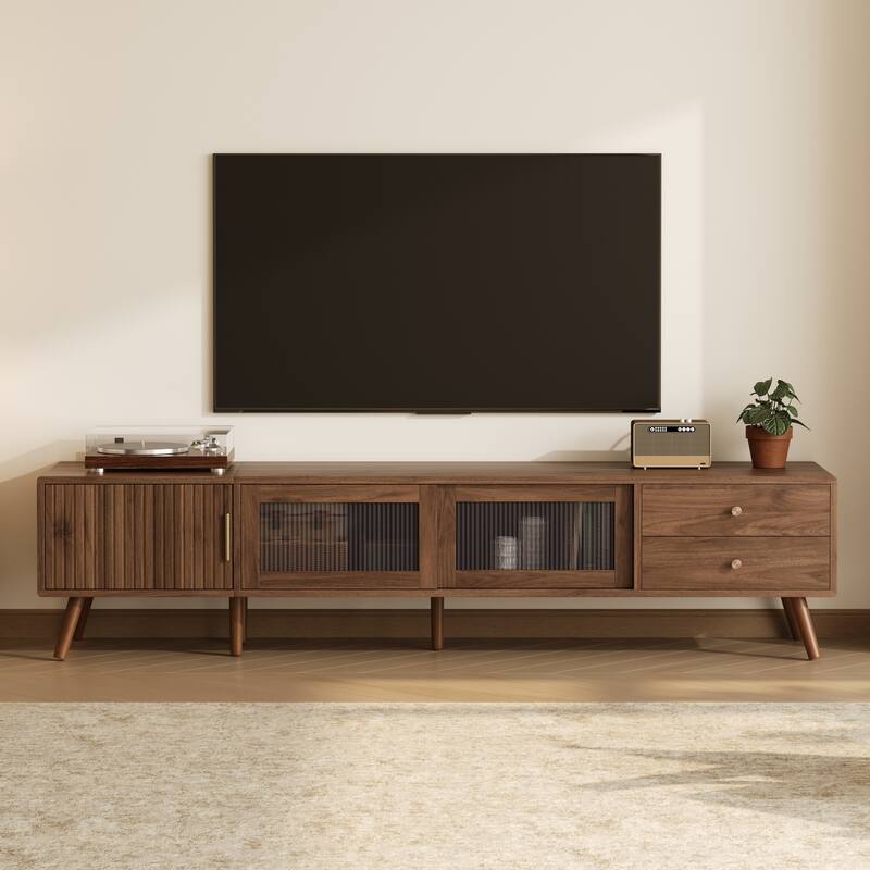 76" Minimal Glass-Doors TV Stand up to 85 Inches,Wood-Grain Entertainment Center with Storage Cabinets,TV Media Console Table