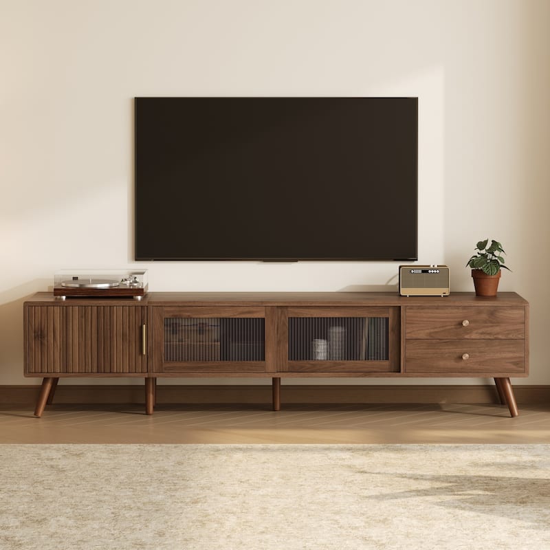 76" Modern TV Stand for 85" TVs - Wood Grain, Glass Doors, Storage Cabinets, Minimalist Media Console for Living Room