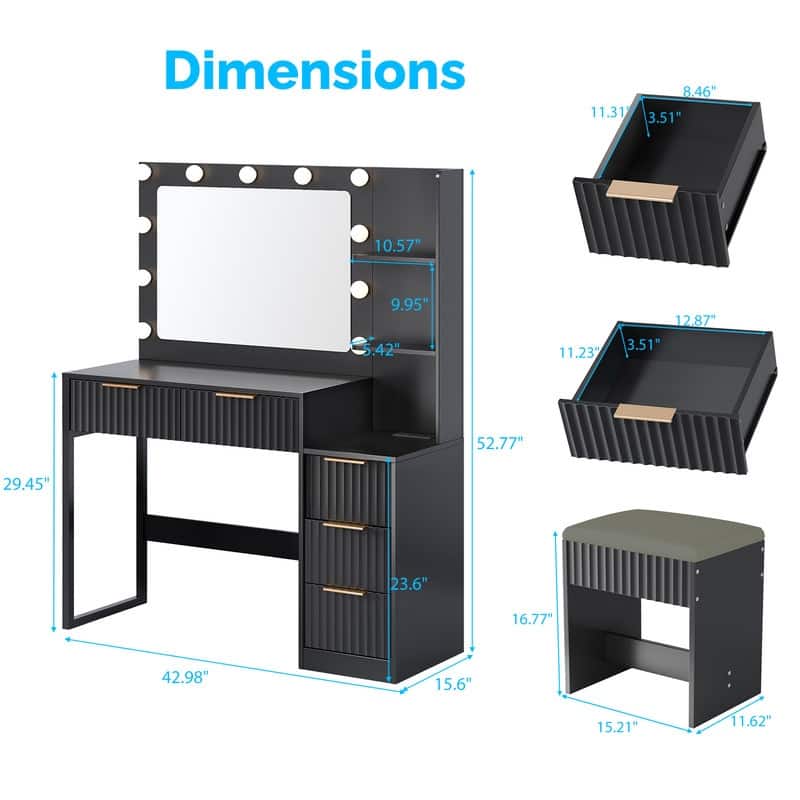 Particle Board Veneered with Textured Melamine, 5-drawer 2-Shelf, comes with 11 Three-color Dimmable Bulbs, Dressing Table Set