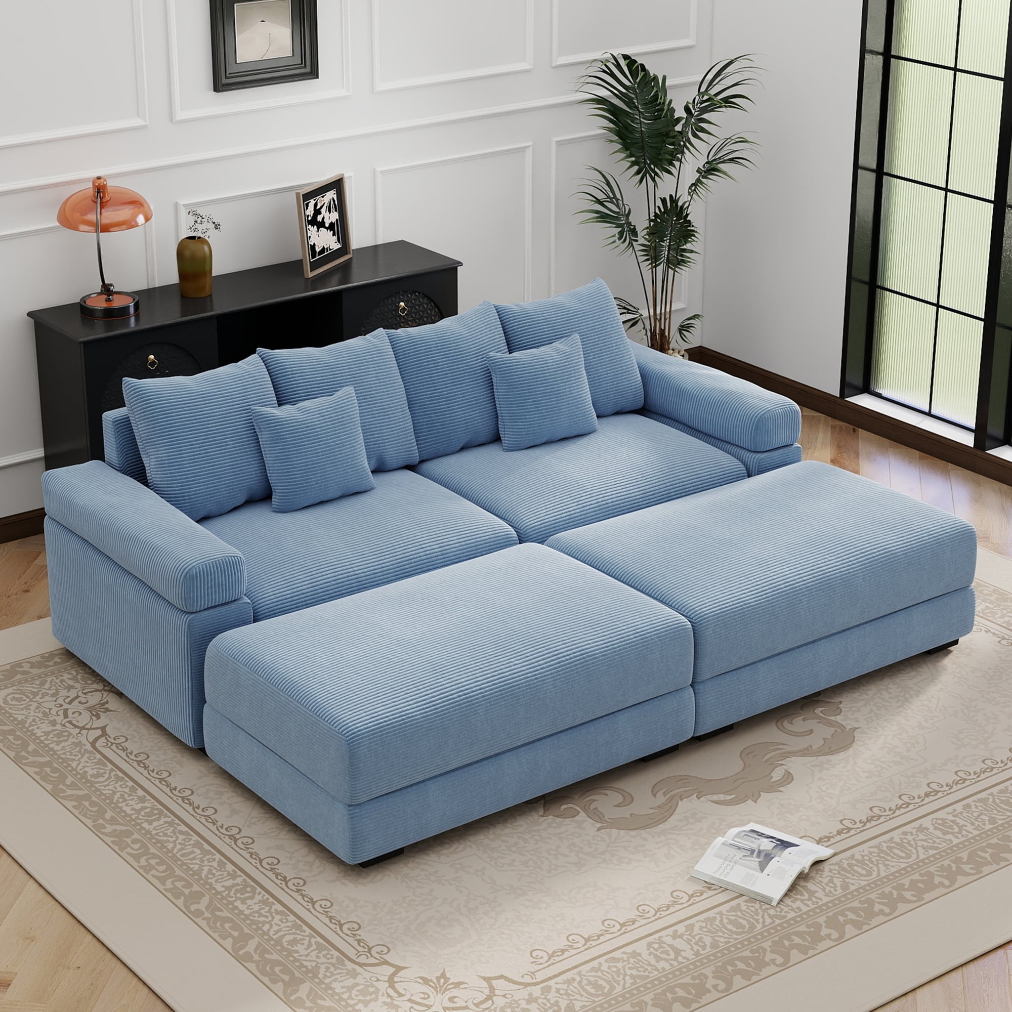 GDFStudio - Corduroy 2-Seater 92" Cloud Modular Sectional Couch with 2 Ottomans