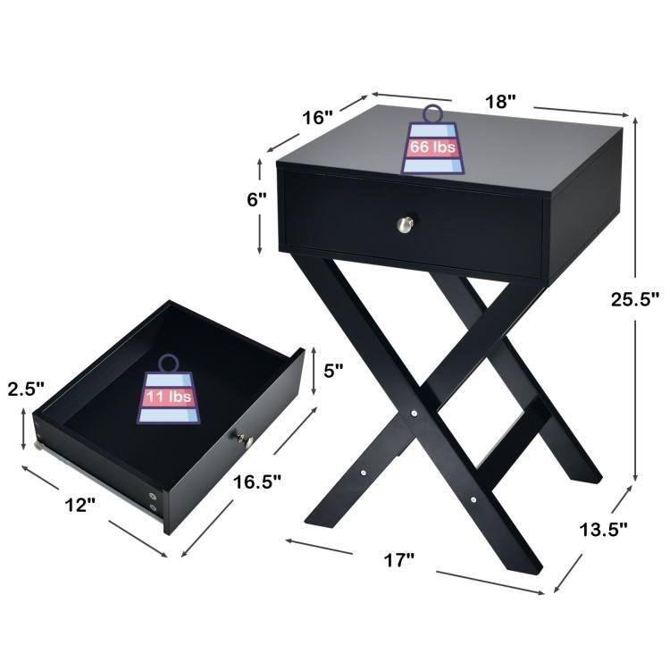 X-Shape 1 Drawer Nightstand End/Side Table Storage