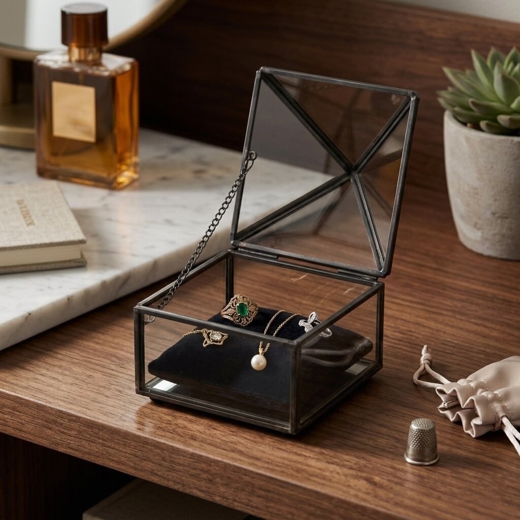 Vortial Metal Framed Glass Pyramid Decorative Box - N/A