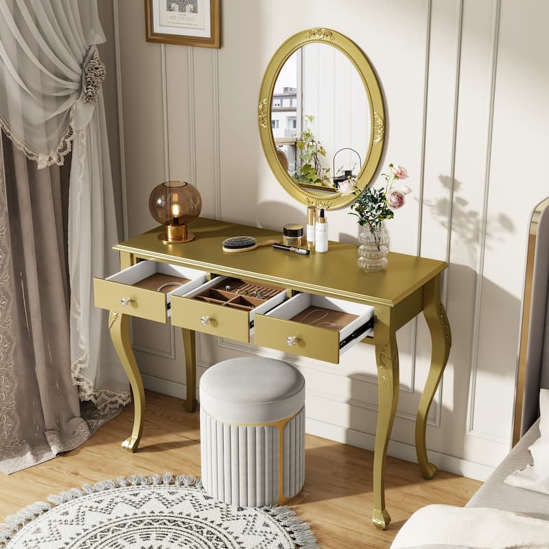 Luxury Makeup Vanity Desk with Oval Mirror, 3-Drawer Dressing Table for Jewelry Storage, Elegant Console Table