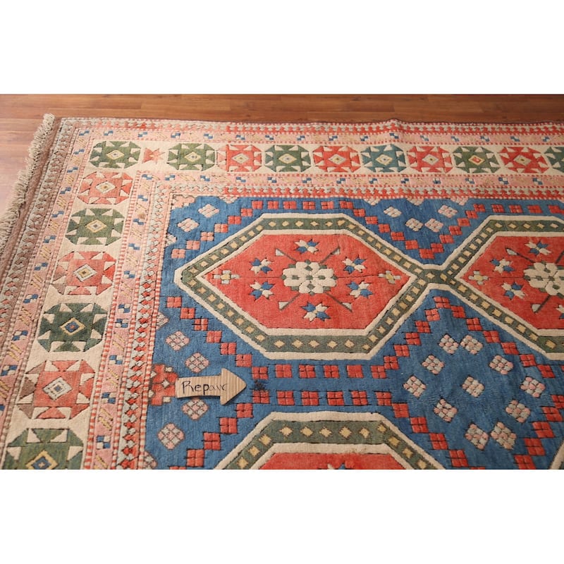 Blue Geometric Anatolian Turkish Area Rug Handmade Wool Carpet - 8'2"x 12'3"
