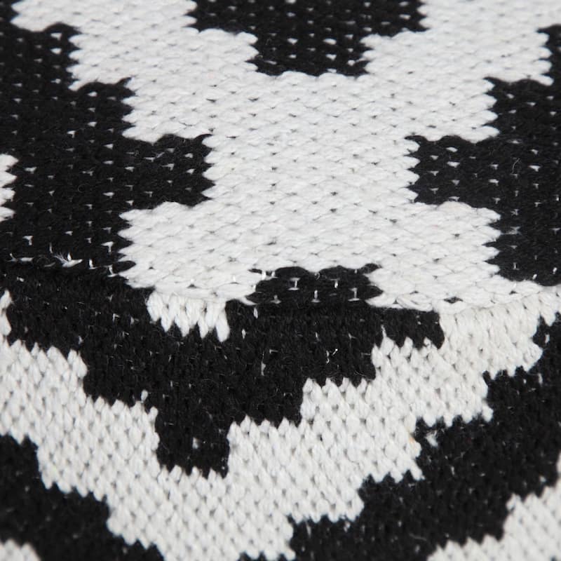 18" White and Black Geometric Medallion Round Pouf Ottoman