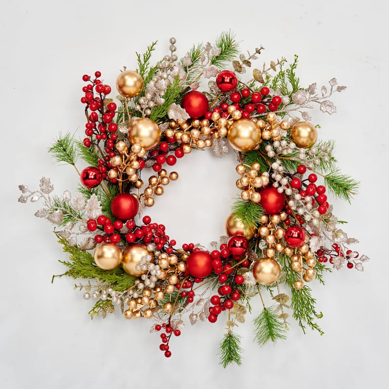 22" Red & Gold Balls Eucalyptus Cedar Wreath - Multicolor