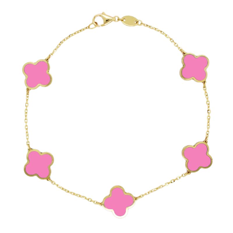 Italian Gold 14K Yellow Gold Clover Gemstone Bracelet - Made in Italy 10mm Clover Size - Amber
