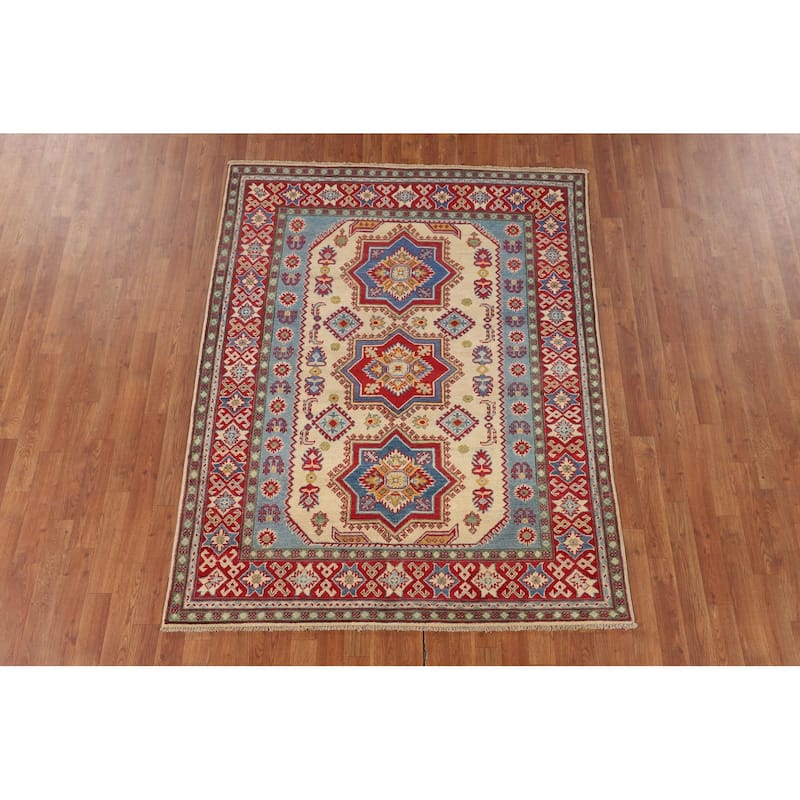 Geometric Kazak Oriental Area Rug Hand-Knotted Beige Wool Carpet - 4'11" x 6'4"