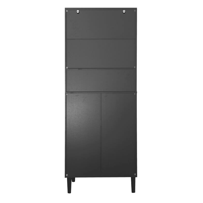 Tall Kitchen Pantry Cabinet with 2 Glass Display Doors & 2 Solid Doors