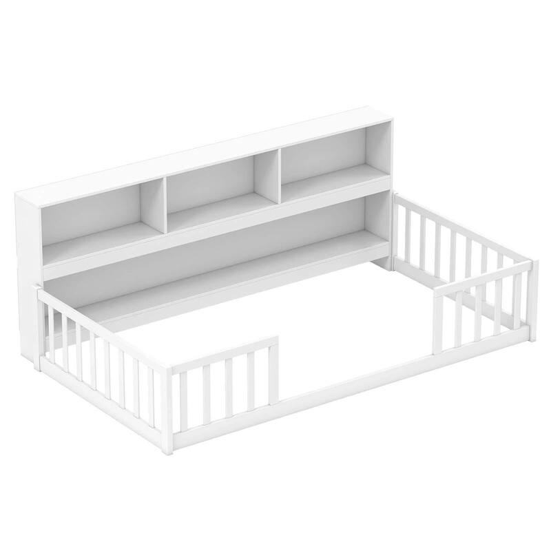 Pine Wood Twin Montessori Floor Bed with Bookshelf and Safety Rails - White
