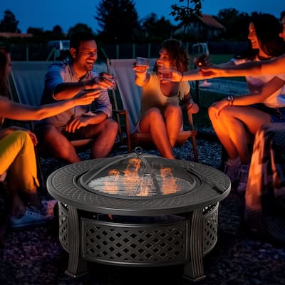 Outsunny 32" Outdoor Fire Pit, Portable Wood Burning Firepit, Barbecue Grill Ice Bucket with Spark Screen, Poker, Rain Cover