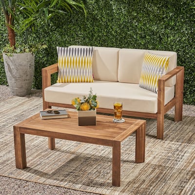 2-Piece Wood Patio Conversation Set with Beige Cushions