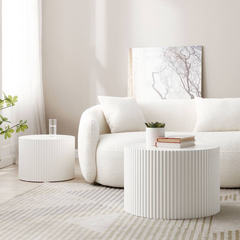 Modern Glam Relief Carving Round Accent Nesting Side Fluted Coffee Tables Set (2 Pack) No Assembled