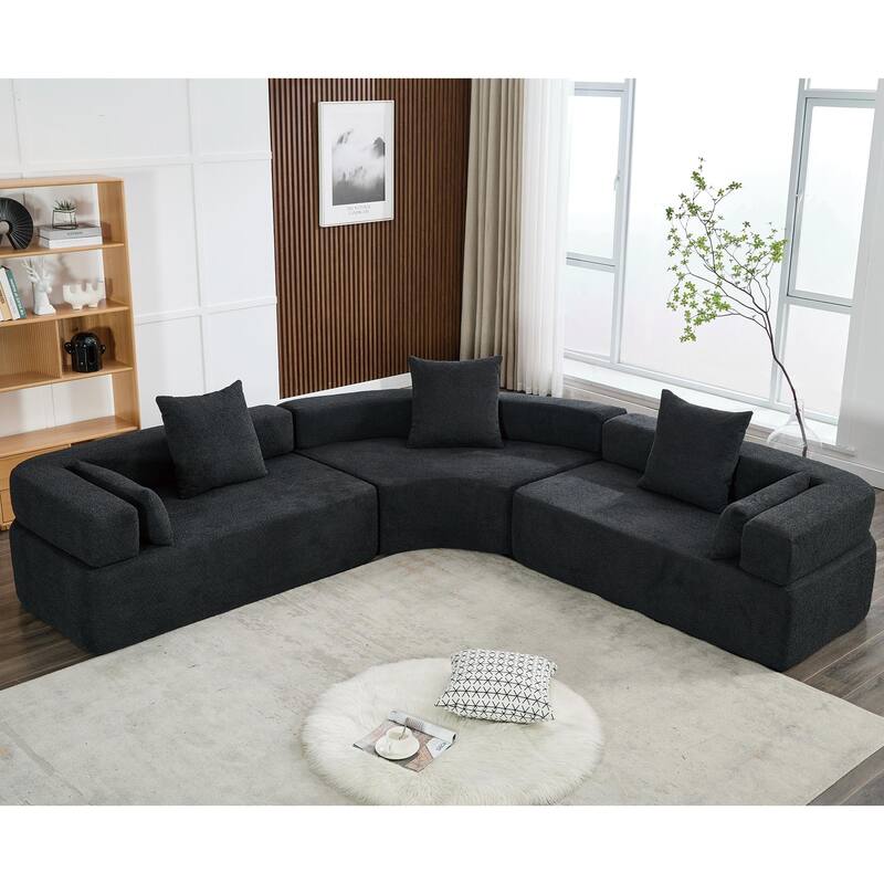 3-Piece Curved Sofa, Oversized Boucle Couch, Flexible for Living Room - Black
