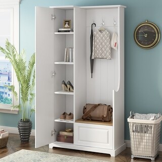Hall Tree With Storage Bench – Shoe Cabinet, Coat Rack With 8 Hooks, Cube Shelves For Entryway, Mudroom (White)