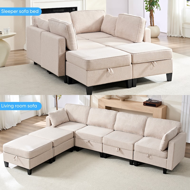 Mixoy Flexible Combination Reversible 4-Seater Modular Sofa with Ottomans,Linen Convertible Sleeper Sofa Bed with Storage Space