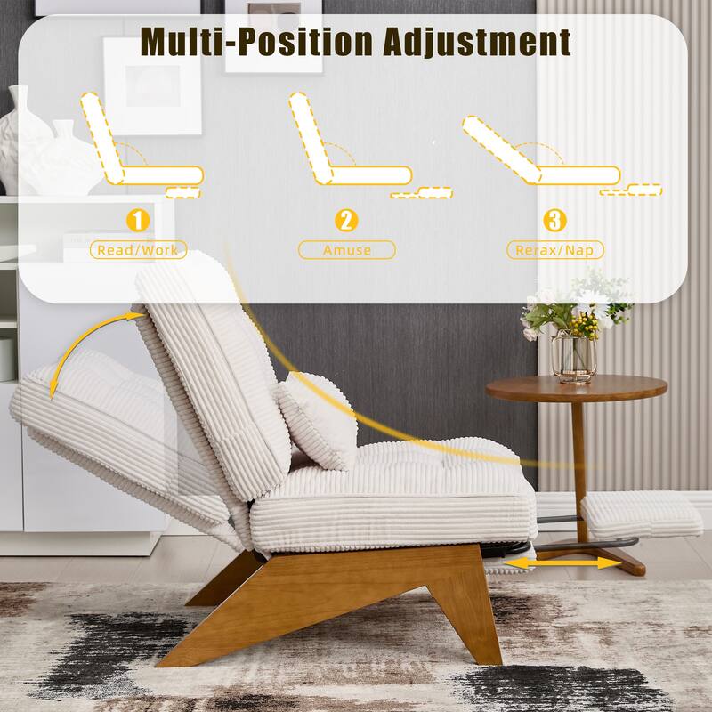 HOMEFUN Upholstered Modern Multi-Position Adjustable Wooden Base Lounge Chair with Footrest and Lumbar Pillow