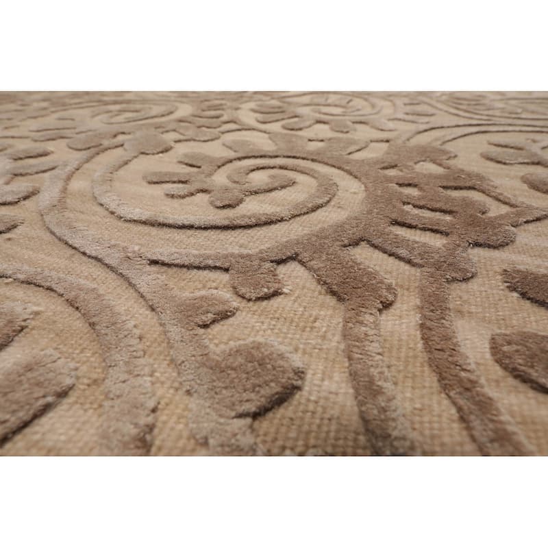 Hand Woven French Aubusson Tan Floral Wool & Silk Modern Area Rug - 9' 2'' x 11' 10''
