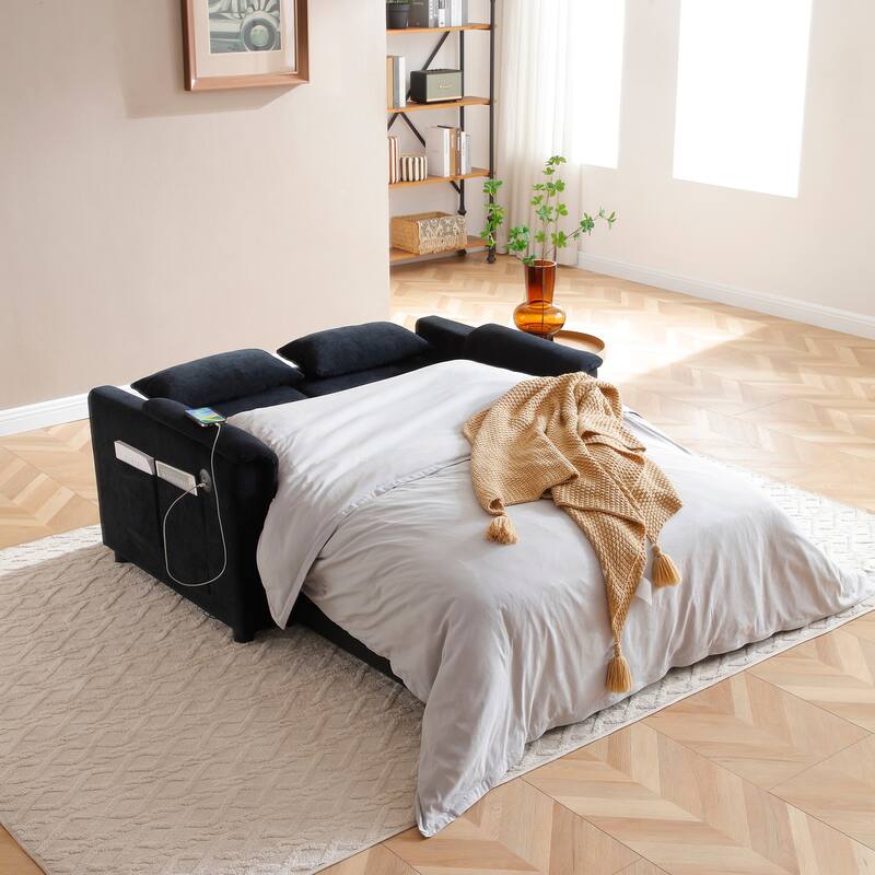 3 in 1 Convertible Sofa Bed with USB Port, Velvet 2 Seater Pull Out Sofa Bed, Loveseat Sofa with Adjustable Back & Side Pockets