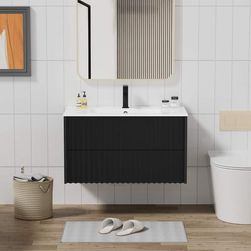 Wall Mounted Bathroom Vanity Set Mid-Century Storage Cabinet with Ceramic Sink - 36 in - Black