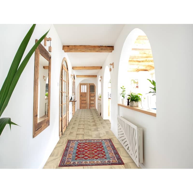 Kazak Accent Rug Hand-Knotted Geometric Red Wool Carpet - 2'8" x 4'1"