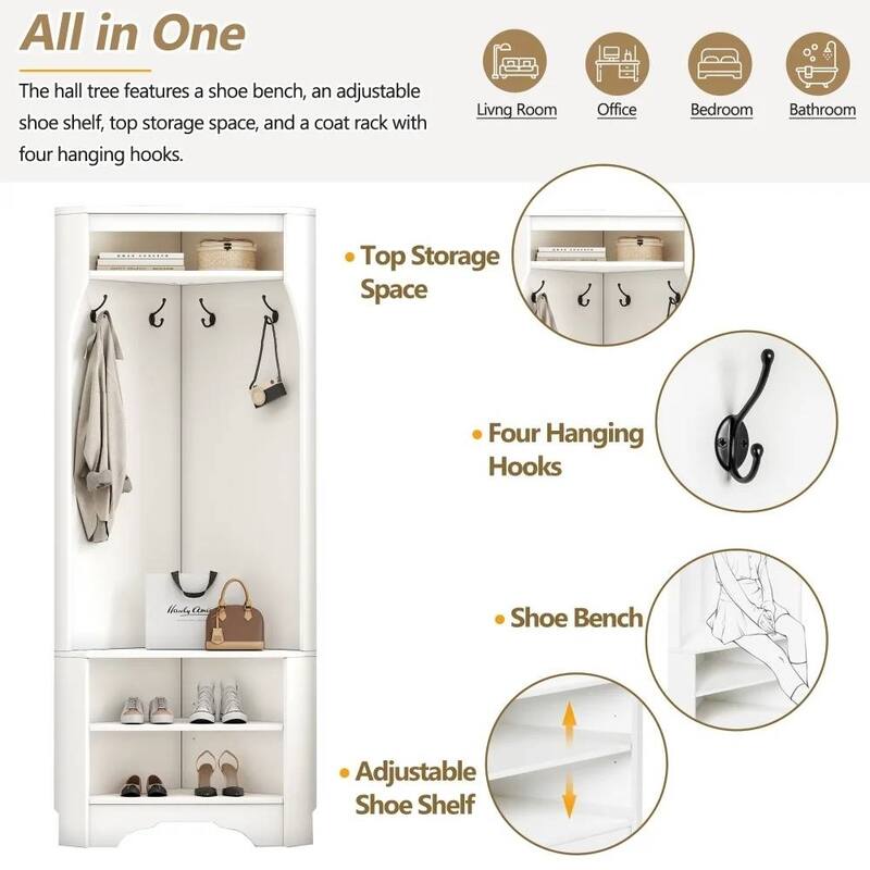 Modern Corner Hall Tree Coat Rack with Shoe Bench Storage Cabinet and Hooks Entryway Organizer - 29.5" x 71.6